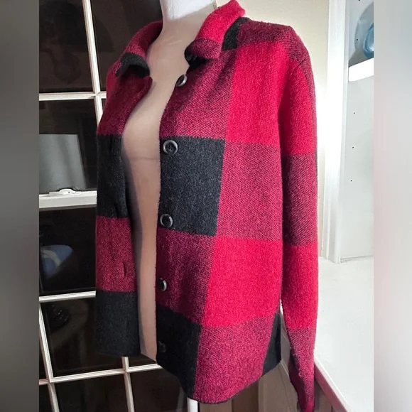 J.Jill Buffalo Red Black Cardigan Wool Blend Soft Jacket Large Petite - Picture 2 of 11